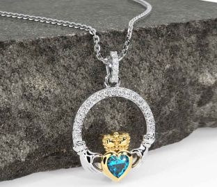 Diamond Topaz White Yellow Gold Claddagh Necklace