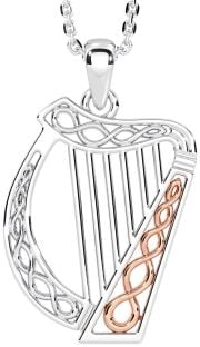 White Rose Gold Celtic Irish harp Necklace