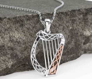 White Rose Gold Celtic Irish harp Necklace