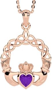 Amethyst Rose Gold Silver Claddagh Necklace