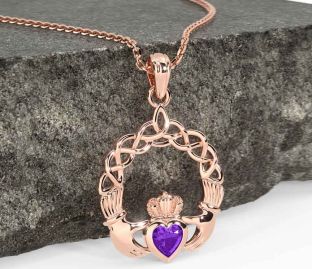Amethyst Rose Gold Silver Claddagh Necklace