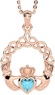 Aquamarine Rose Gold Silver Claddagh Necklace