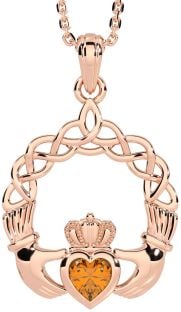 Citrine Rose Gold Silver Claddagh Necklace