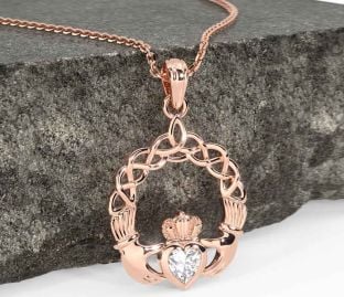 Diamond Rose Gold Silver Claddagh Necklace
