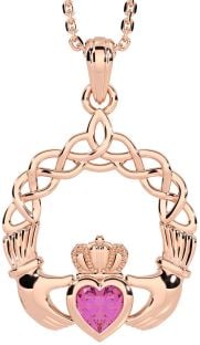 Pink Tourmaline Rose Gold Silver Claddagh Necklace