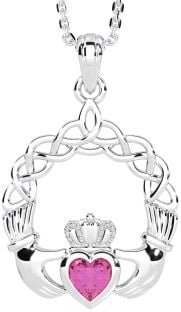 Pink Tourmaline Silver Claddagh Necklace