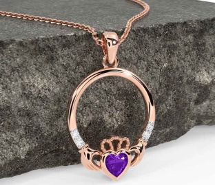Diamond Amethyst Rose Gold Silver Claddagh Necklace