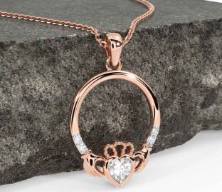 Diamond Rose Gold Silver Claddagh Necklace