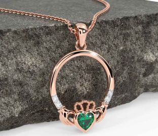 Diamond Emerald Rose Gold Silver Claddagh Necklace