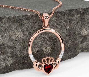 Diamond Garnet Rose Gold Silver Claddagh Necklace