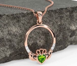 Diamond Peridot Rose Gold Silver Claddagh Necklace