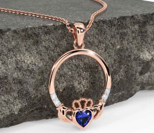 Diamond Sapphire Rose Gold Silver Claddagh Necklace