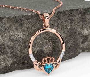 Diamond Topaz Rose Gold Silver Claddagh Necklace