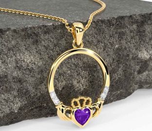 Diamond Amethyst Gold Silver Claddagh Necklace