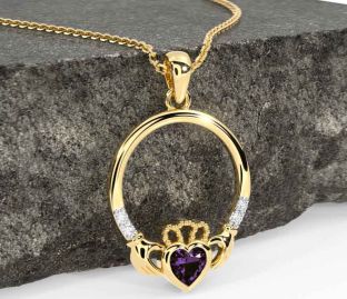 Diamond Alexandrite Gold Silver Claddagh Necklace