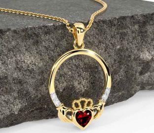 Diamond Garnet Gold Silver Claddagh Necklace