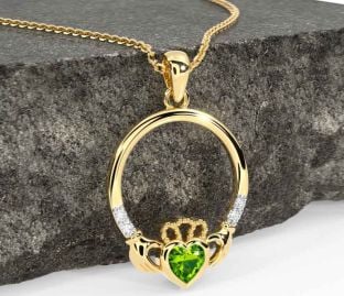 Diamond Peridot Gold Silver Claddagh Necklace