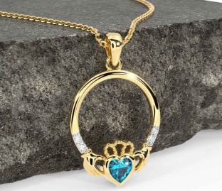 Diamond Topaz Gold Silver Claddagh Necklace