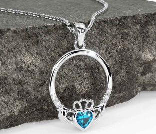 Diamond Topaz White Gold Claddagh Necklace
