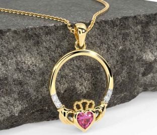 Diamond Pink Tourmaline Gold Claddagh Necklace