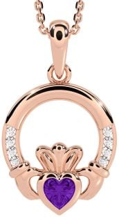 Diamond Amethyst Rose Gold Silver Claddagh Necklace