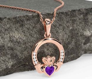 Diamond Amethyst Rose Gold Silver Claddagh Necklace