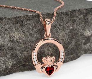 Diamond Garnet Rose Gold Silver Claddagh Necklace