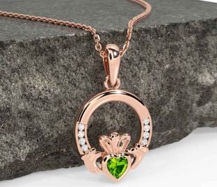 Diamond Peridot Rose Gold Silver Claddagh Necklace