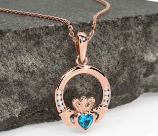 Diamond Topaz Rose Gold Silver Claddagh Necklace