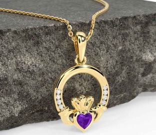 Diamond Amethyst Gold Silver Claddagh Necklace