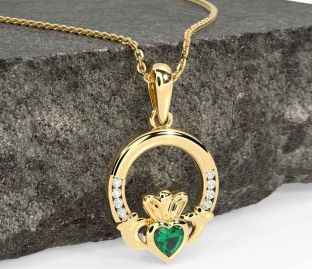 Diamond Emerald Gold Silver Claddagh Necklace