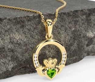 Diamond Peridot Gold Silver Claddagh Necklace