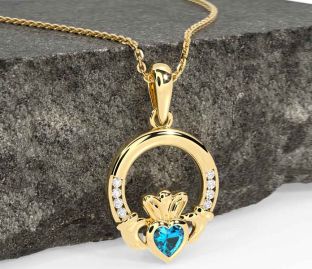 Diamond Topaz Gold Silver Claddagh Necklace