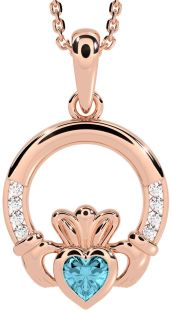 Diamond Aquamarine Rose Gold Claddagh Necklace