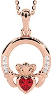 Diamond Ruby Rose Gold Claddagh Necklace