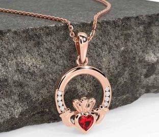 Diamond Ruby Rose Gold Claddagh Necklace