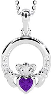 Diamond Amethyst Silver Claddagh Necklace