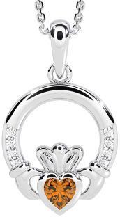 Diamond Citrine Silver Claddagh Necklace