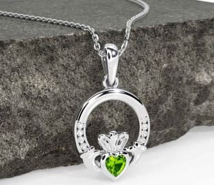 Diamond Peridot Silver Claddagh Necklace