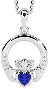 Diamond Sapphire Silver Claddagh Necklace