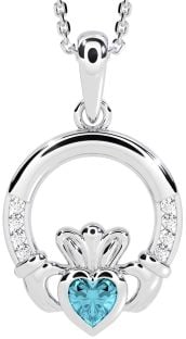 Diamond Aquamarine White Gold Claddagh Necklace