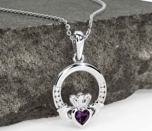 Diamond Alexandrite White Gold Claddagh Necklace
