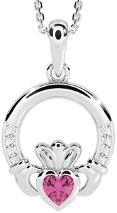 Diamond Pink Tourmaline White Gold Claddagh Necklace