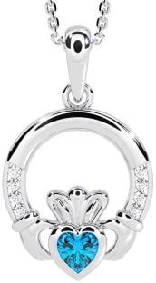 Diamond Topaz White Gold Claddagh Necklace