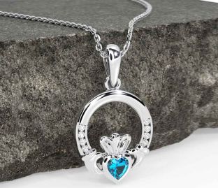 Diamond Topaz White Gold Claddagh Necklace