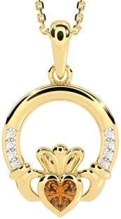 Diamond Citrine Gold Claddagh Necklace