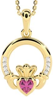 Diamond Pink Tourmaline Gold Claddagh Necklace