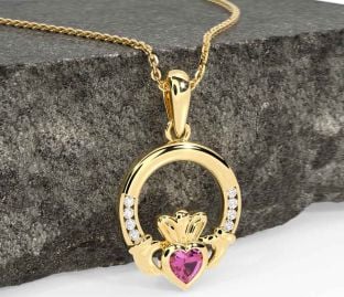 Diamond Pink Tourmaline Gold Claddagh Necklace
