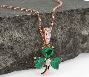 Diamond Emerald Rose Gold Silver Shamrock Necklace
