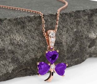 Diamond Amethyst Rose Gold Shamrock Necklace
